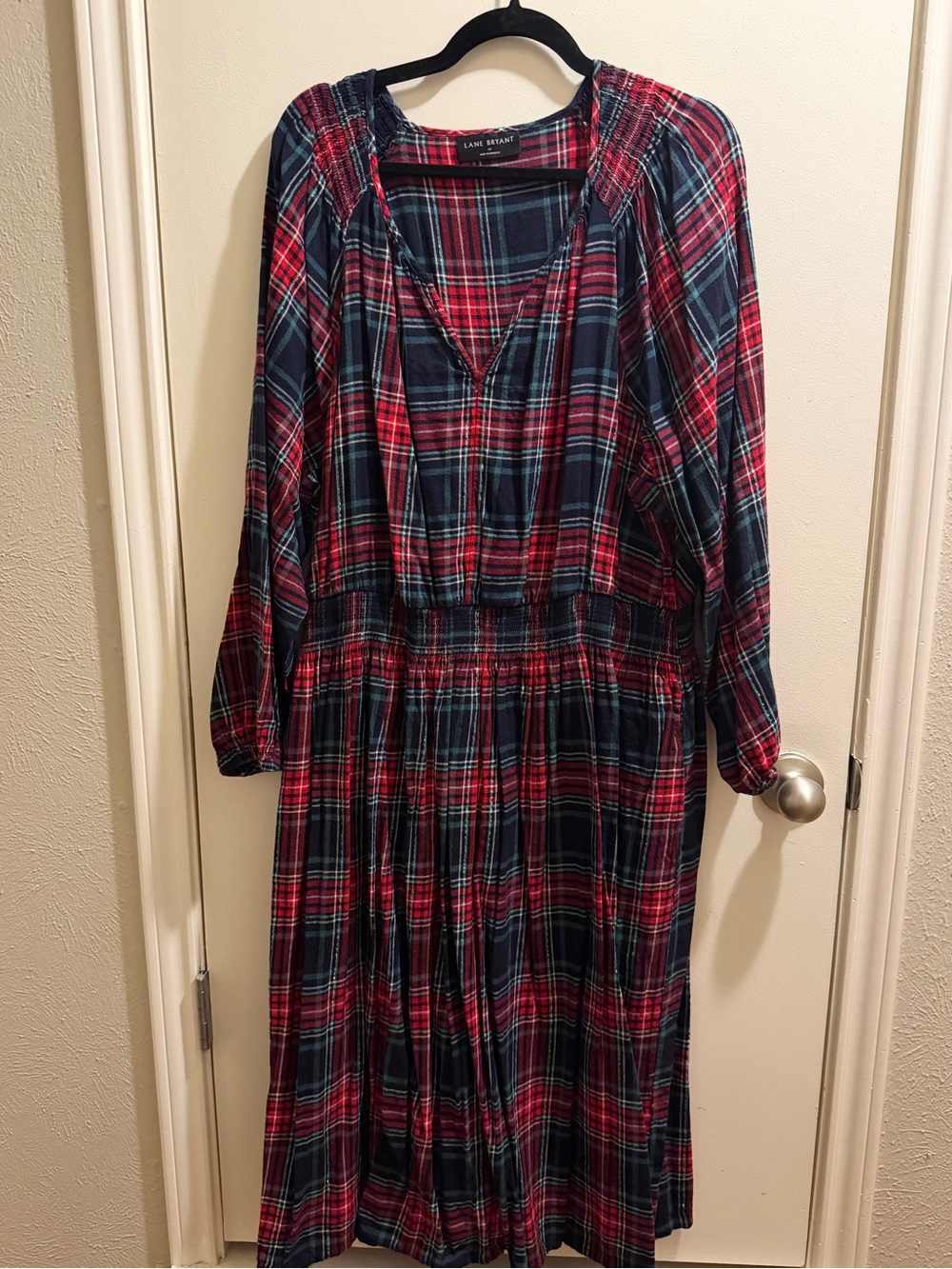 Lane Bryant Red Hunter and Navy Plaid Long Sleeve Midi Dress